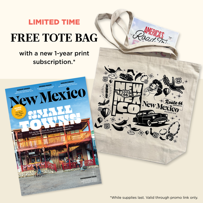 Limited Time Free Tote Bag with a new 1-year print subscription photo of New Mexico Magazine and tote bag