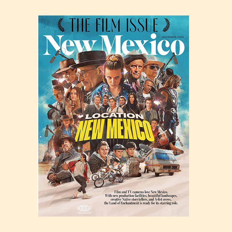 November 2024 New Mexico Magazine  Cover - Title: Film Issue features image of collage of movie characters from movie posters.-by Neil Jamieson